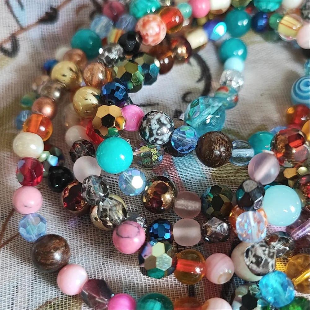 3 Pieces Set Faceted Art Glass Beads Vintage 2 Necklaces Bracelet Multi Colored